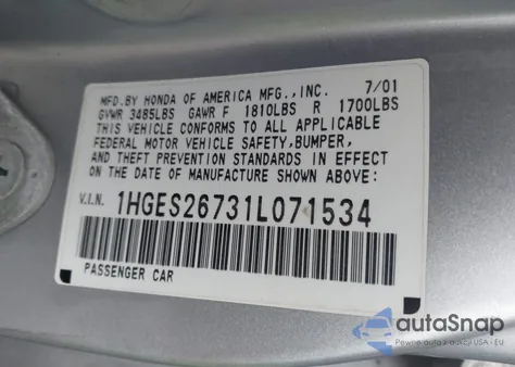 2001 Honda Civic Ex from USA, damaged, VIN 1HGES26731L071534